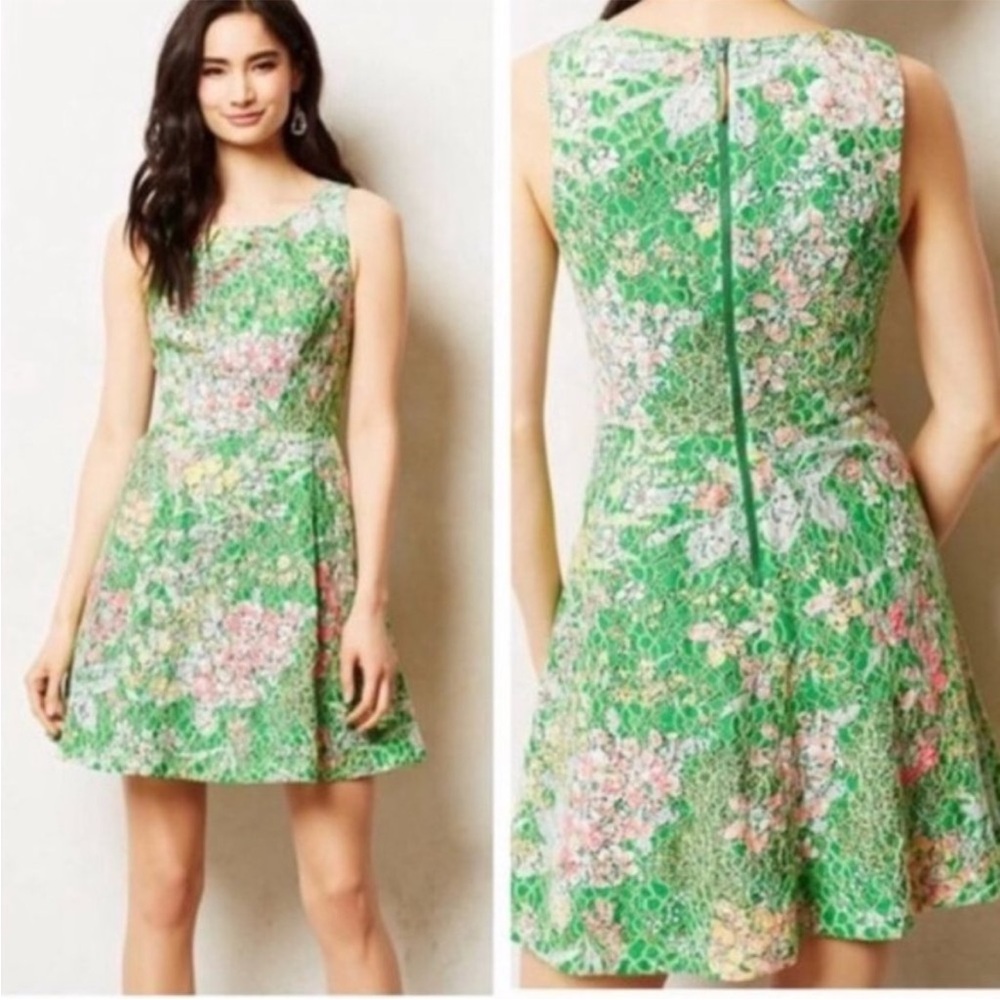 ANTHROPOLOGIE Maeve Green Verbena POCKETS Sequin Cotton Blend Dress EUC sz 6